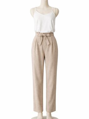 LOFT Beige High-Waist Paperbag Tie Belt Straight-Leg Pants